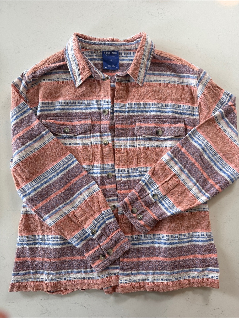 Without Walls Coral and Blue Striped Button-Down Shirt